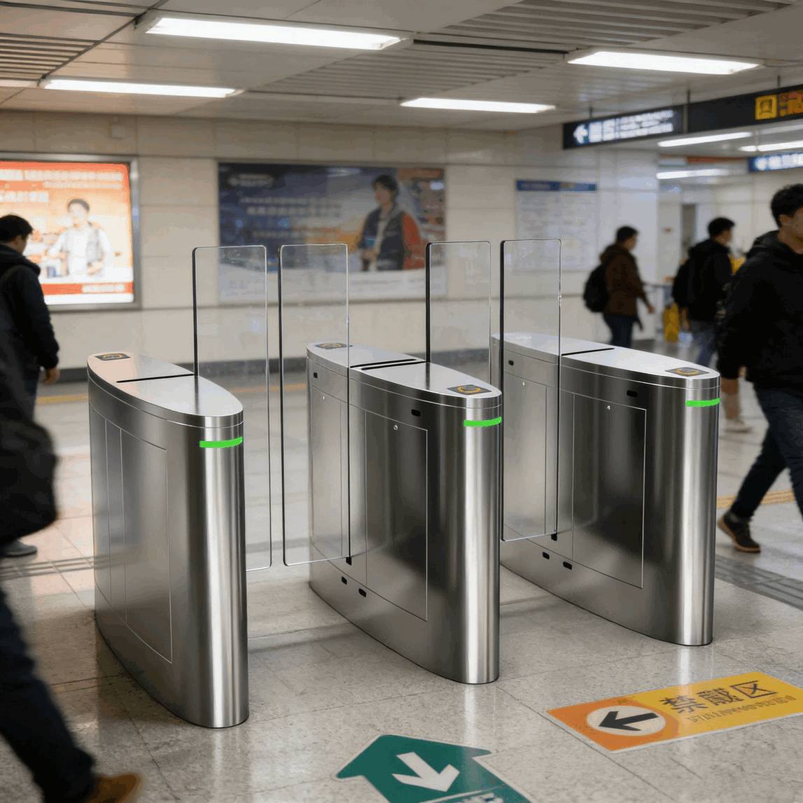 Modern Office Building Automatic Swing Barrier Turnstile Gate with Brushless Motor, Facial Recognition, and QR Code Scanner – Smart Biometric Access Control System