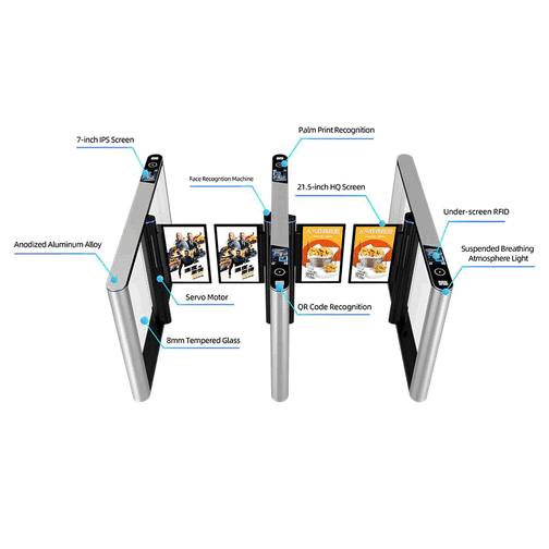 Modern Office Building Automatic Swing Barrier Turnstile Gate with Brushless Motor, Facial Recognition, and QR Code Scanner – Smart Biometric Access Control System